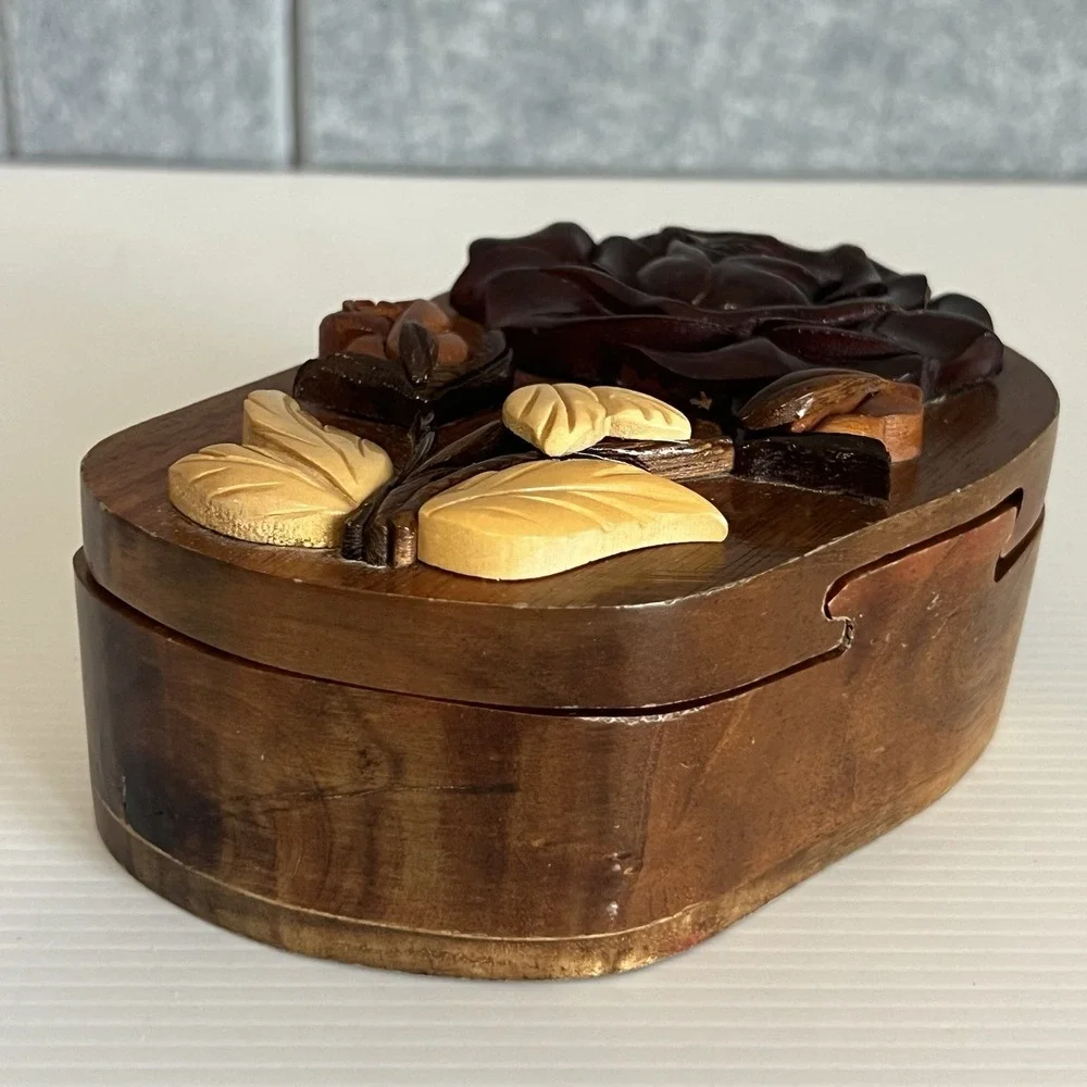 Handcrafted Wooden Floral Puzzle Box with Carved Rose and Red Velvet Lining